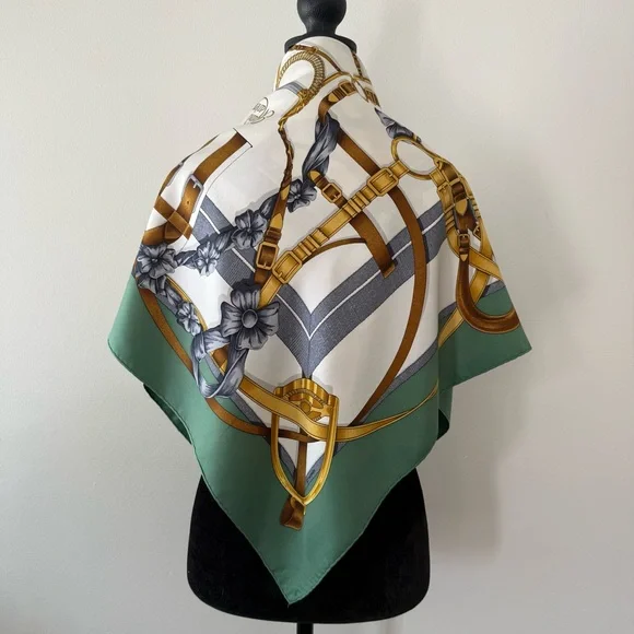 Hermes Silk Scarf with Gold Tack & Green Border - Picture 9 of 12